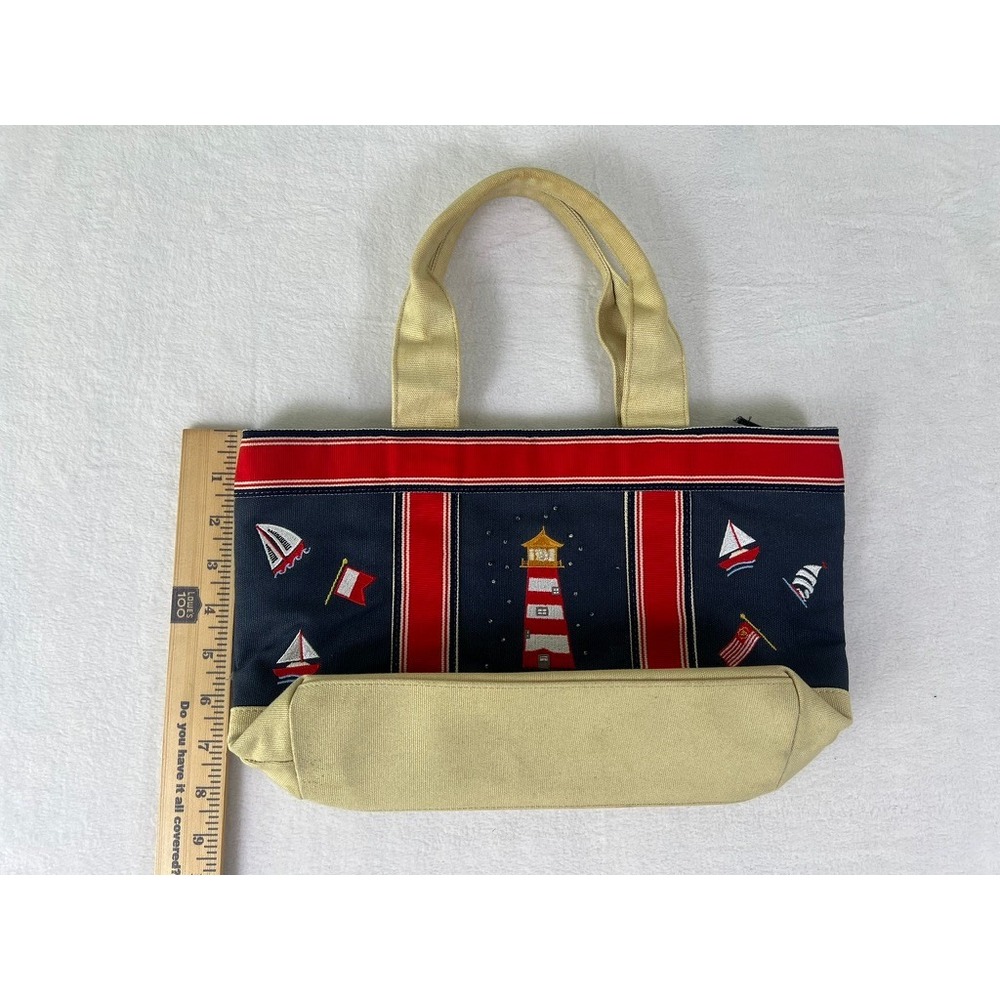 VTG Nautical Tote Bag Blue Embroidered Lighthouse Sailboat Eclectic Granny Indie